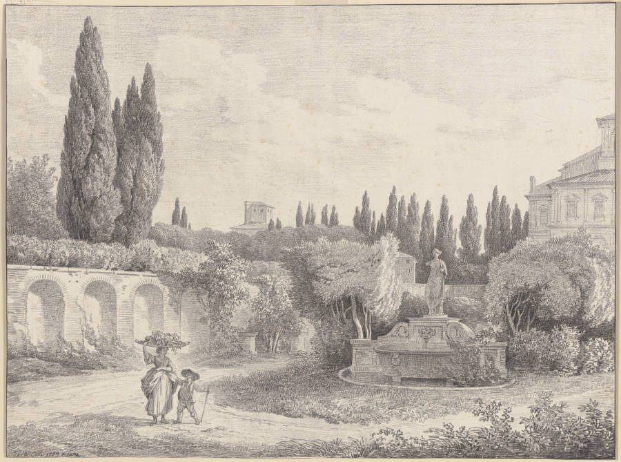 Römische Villa mit einem Brunnen, links eine Frau mit einem Korb auf dem Kopf und einem Knaben von Jean Baptiste Coste
