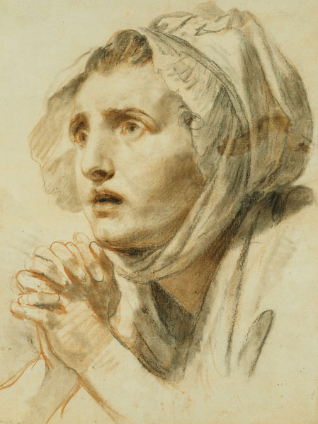 Frau mit gefalteten Händen und angstvollem Blick. von Jean Baptiste Greuze