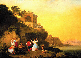 Tarantella tanzendes Landvolk an der Küste bei Marechiaro. von Jean-Baptiste Hilaire