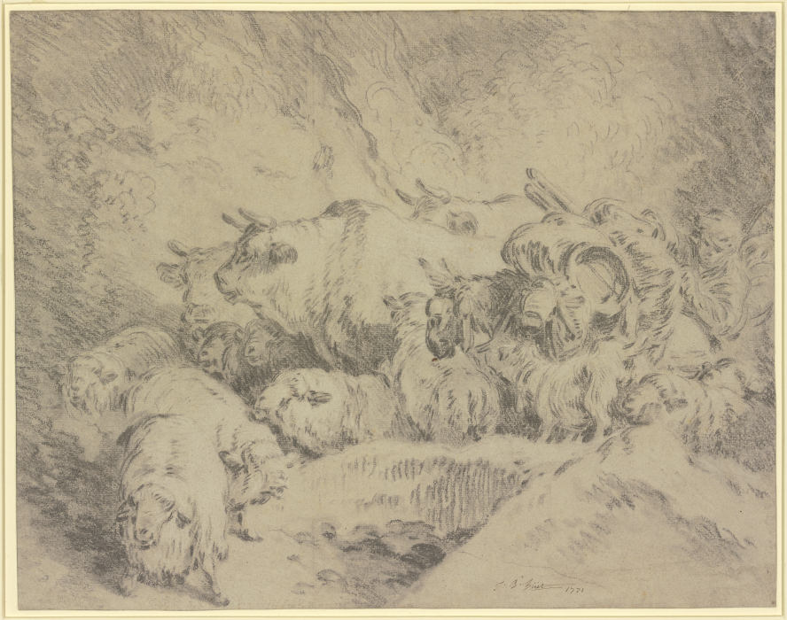 Ein Hirte mit einem bepacktem Esel treibt Ochsen und Schafe vor sich her von Jean-Baptiste Huet