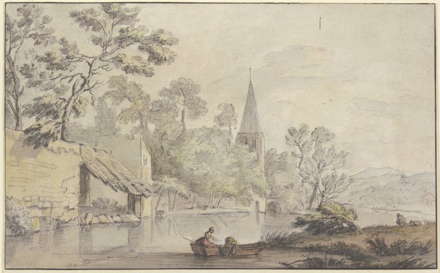 Kirchturm und einige Gebäude an einem Wasser, vorne zwei Frauen in einem Kahn von Jean-Baptiste Lallemand