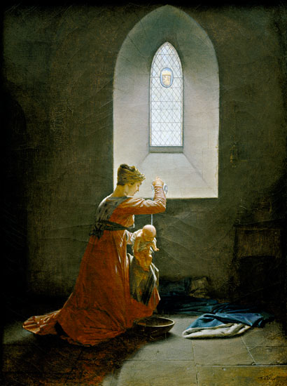 Genevieve of Brabant Baptising her Son in Prison von Jean Baptiste Mallet