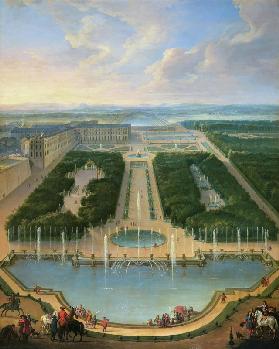 Perspective view of the chateau of Versailles seen from the Neptune Fountain 1696