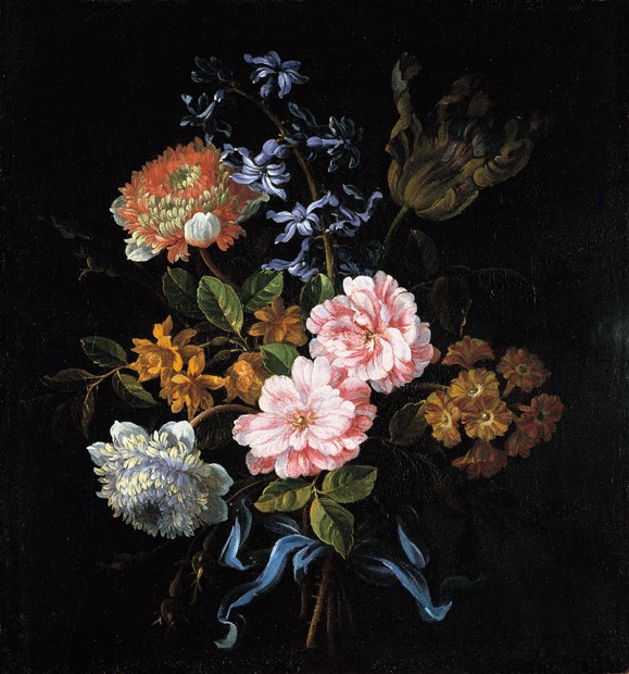Blumenstrauß aus Kronen-Anemonen, Rosen, Narzissen, einer Hyazinthe, Tulpe und Aurikel, gebunden mit von Jean-Baptiste Monnoyer