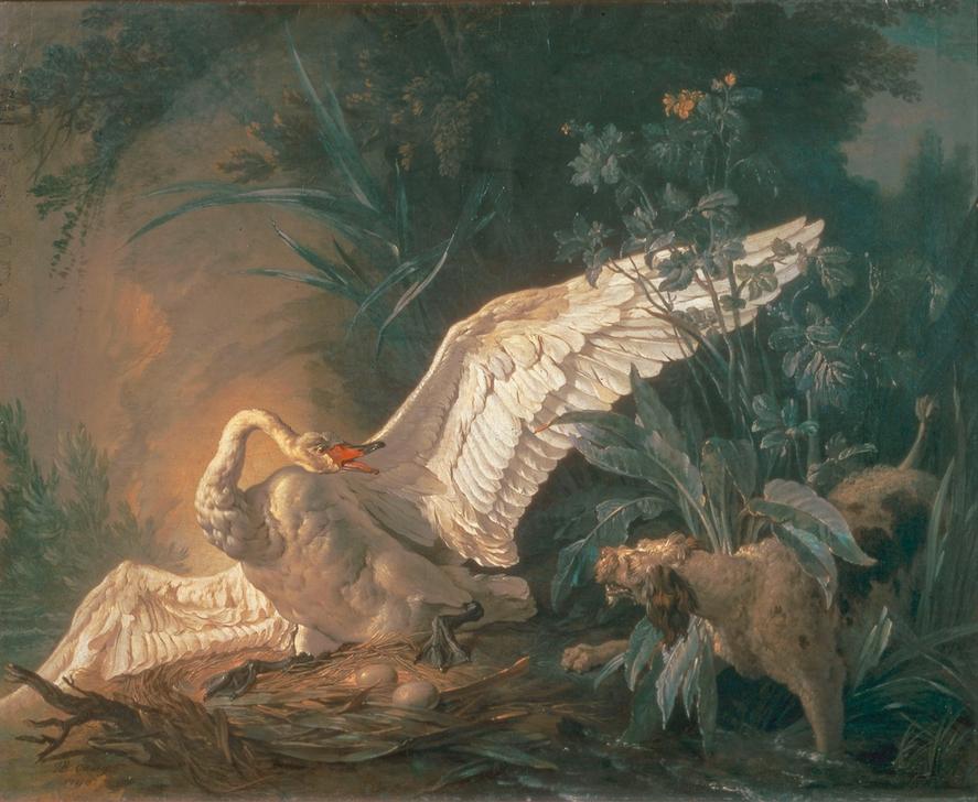 Chien barbet attaquant un cygne dans son nid von Jean Baptiste Oudry
