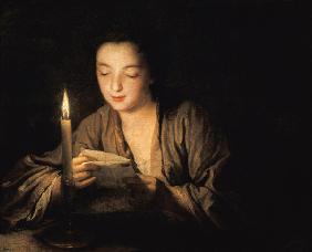 Mädchen, bei Kerzenlicht einen Brief lesend  Um 1700