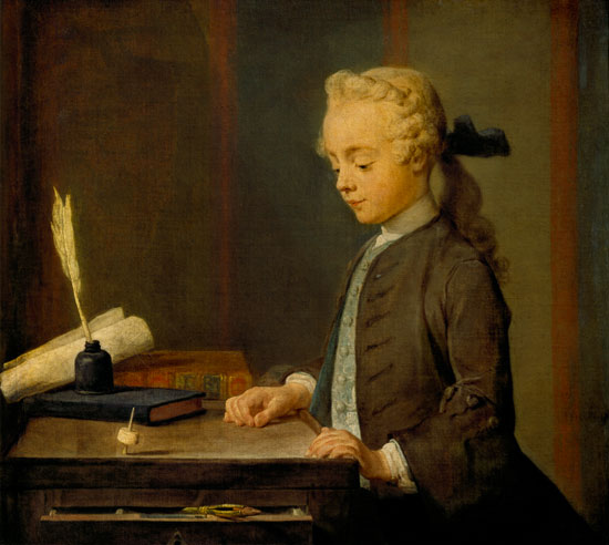 Le portrait du fils de M.Godefroy, joailier, applique a voir tourner un toton, dit aussi L'enfant au von Jean-Baptiste Siméon Chardin