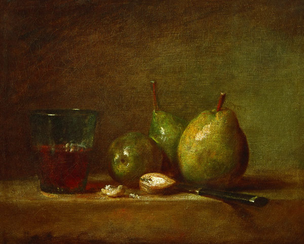Birnen, Walnüsse und ein Glas Wein von Jean-Baptiste Siméon Chardin
