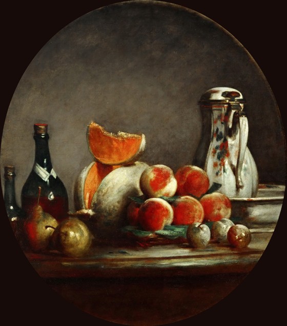 Melone, Birnen, Pfirsiche und Pflaumen, oder Die angeschnittene Melone von Jean-Baptiste Siméon Chardin