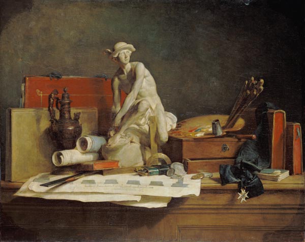 Stilleben mit Attribute der Künste von Jean-Baptiste Siméon Chardin