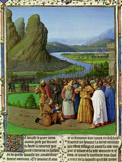 Ms Fr 247 fol.135 David Learning of the Death of Saul, illustration from ''Antiquites Judaiques'', c von Jean Fouquet