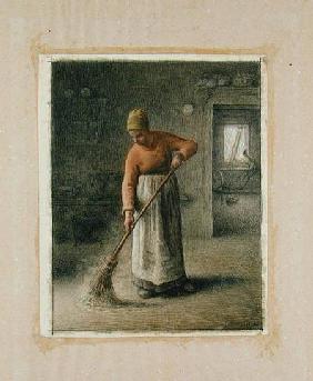 A Farmer's wife sweeping 1867 stel