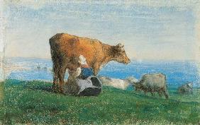 Eine normanische Frau melkt Kühe 1866-67