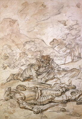 The Sad Situation of Don Quixote and Sancho Panza, Ill-Treated by the Galley Slaves (black chalk & b von Jean Honoré Fragonard