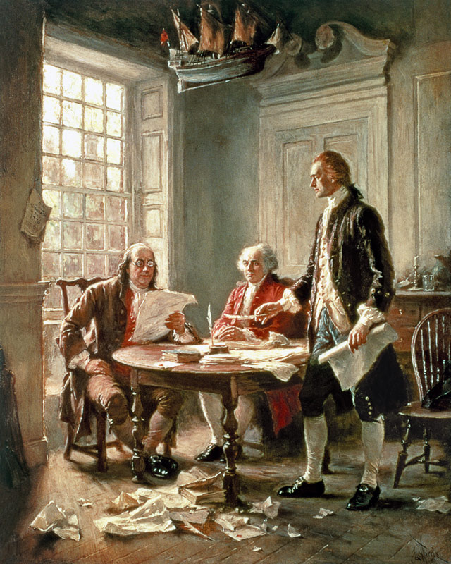 The Drafting of the Declaration of Independence in 1776: (LtoR) Benjamin Franklin (1706-90) von Jean Léon Gérôme Ferris