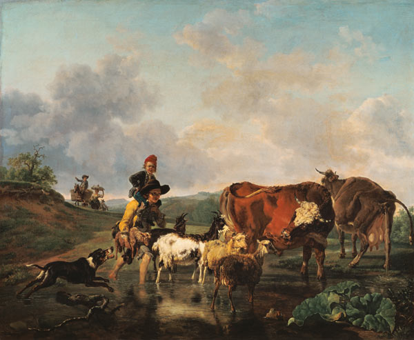 Bauer mit Herde beim Durchqueren eines Flusses. von Jean-Louis Demarnette Demarne