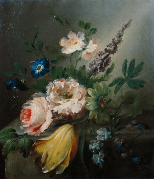 Still life of roses, passion flowers, a tulip and other flowers on a stone ledge von Jean Louis Prevost