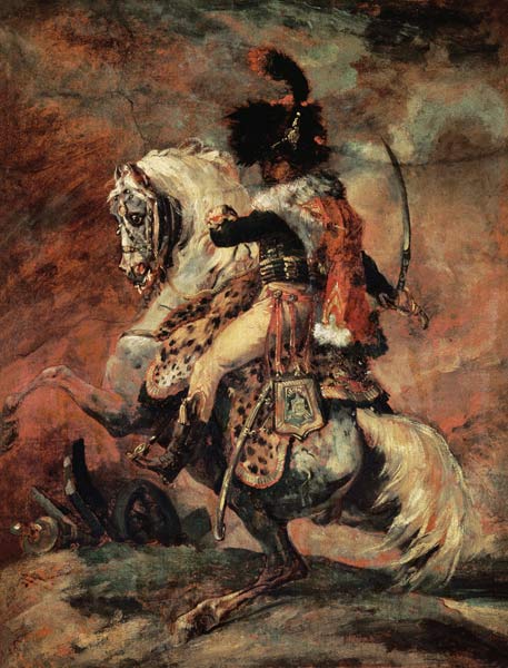 Kavallerieoffizier, auf einem Apfelschimmel reitend. von Jean Louis Théodore Géricault