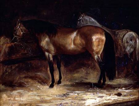 A Bay Horse at a manger, with a grey horse in a rug von Jean Louis Théodore Géricault