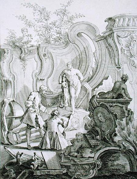 Craftsmen working on designs, from 'Rococo Ornament', engraved by Antoine Aveline (1691-1743) von Jean Mondon