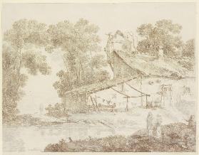 Ärmliches Bauernhaus an einem Gewässer, mit aufgehängter Wäsche