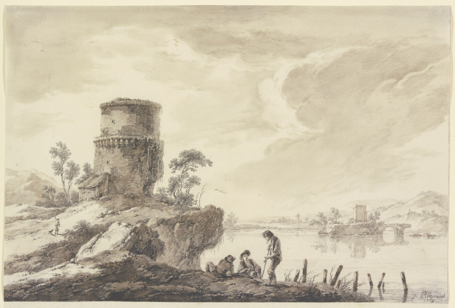 Flußgegend, im Vordergrund ein runder, im Mittelgrund auf einer Insel ein viereckiger Turm, mit Ruin von Jean Pillement