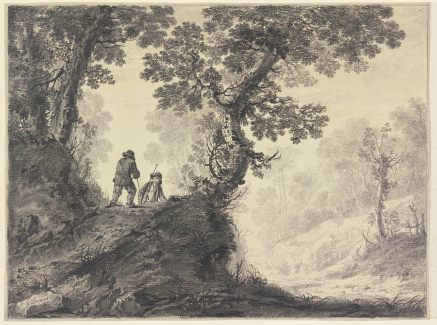 Waldlandschaft, links auf einer Anhöhe zwei Wanderer von Jean Pillement