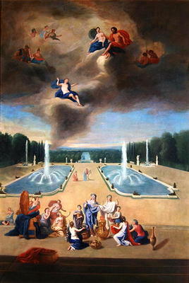 Groves of Versailles. View of the water parterre and the cabinets of animals, with priestesses prepa von Jean the Younger Cotelle