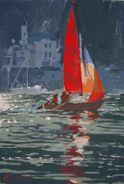 Red sail boat Salcombe von Jennifer Wright