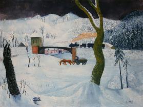 Winterlandschaft mit Fuhrwerk und Eisenbahn 1932