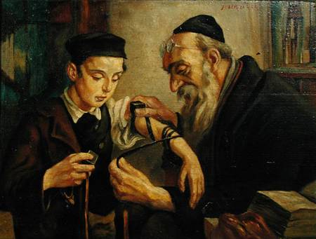 A Rabbi tying the Phylacteries to the arm of a boy von Jewish School