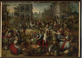 Marktplatz mit Szene Ecce homo im Hintergrund 1590