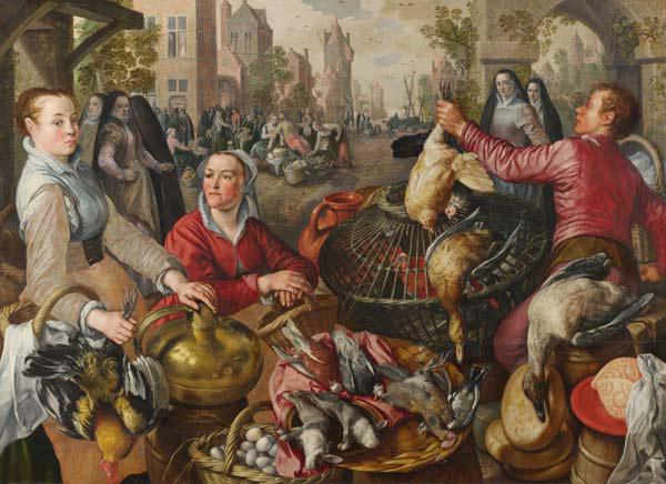 Die vier Elemente: Luft. Geflügelmarkt mit Gleichnis vom verlorenen Sohn im Hintergrund 1569