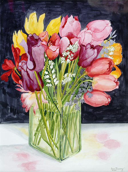 Tulips and Bluebells in a Rectangular Glass Tub von Joan  Thewsey