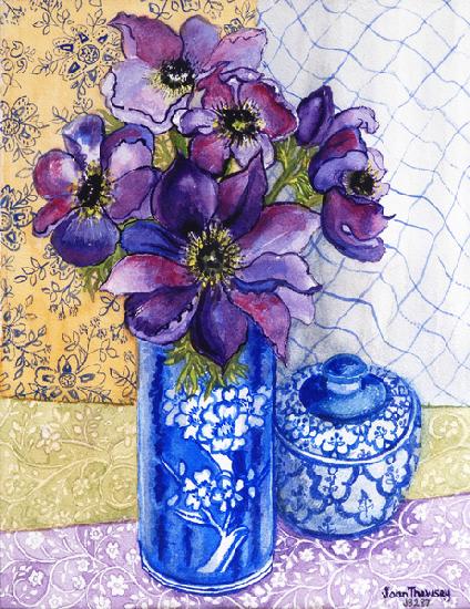 Anemones in a Blue and White Vase with Pot and Textiles 2012