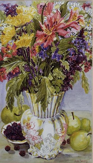 Blackberries and Apples with a Jug of Mixed Flowers (w/c)  von Joan  Thewsey