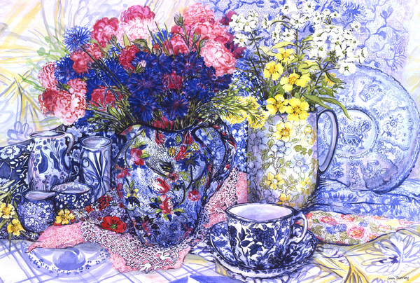 Cornflowers with Antique Jugs and Patterned Fabrics von Joan  Thewsey