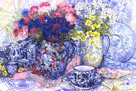 Cornflowers with Antique Jugs and Patterned Fabrics 2012