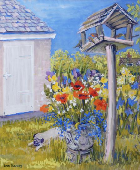 Cottage Garden with Birdhouse and Pug 2011