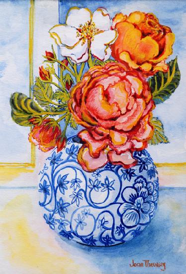 Cottage Roses, Round Blue and White Vase 2004