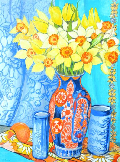 Daffodils and Tulips in an Imani Vase  oranges and textiles 2019