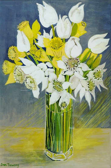 Daffodils and white tulips in an octagonal glass vase von Joan  Thewsey