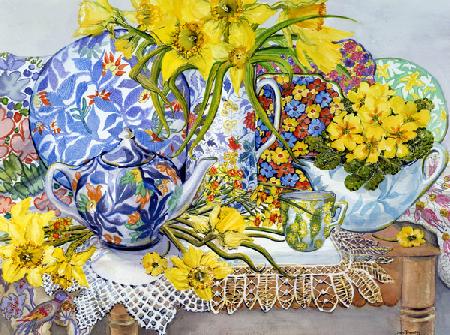 Daffodils, Antique Jugs, Plates, Textiles and Lace 2012