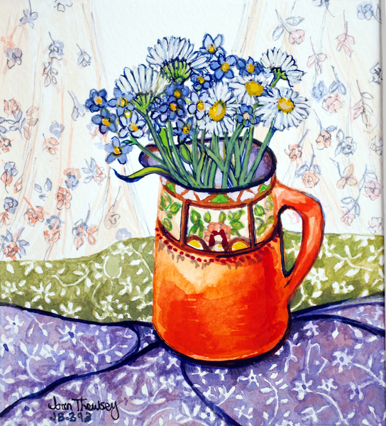 Daisies and Forget-Me-Nots Orange Jug and Patterned Fabric von Joan  Thewsey