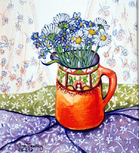 Daisies and Forget-Me-Nots Orange Jug and Patterned Fabric 2015