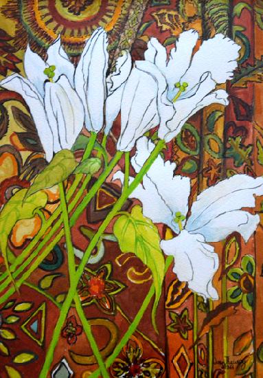 Lilies against a Patterned Fabric 2000