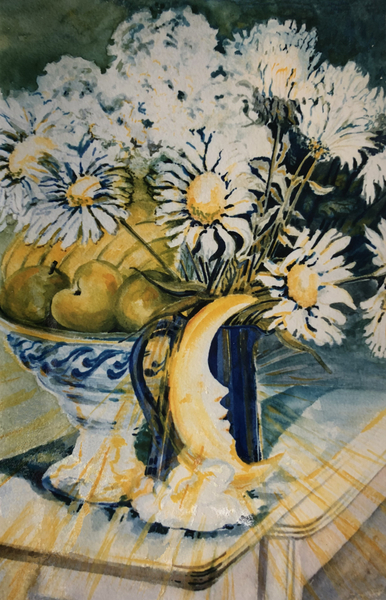 Marguerites in a Blue Jug with a Moon Lamp von Joan  Thewsey