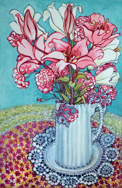Pink Lilies in a Jug, with Lace von Joan  Thewsey