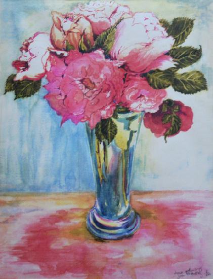 Pink Roses in a Blue Glass 2000