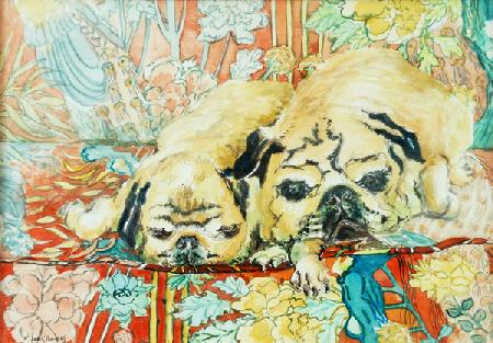 Pugs on a Chinese Print Sofa 2000